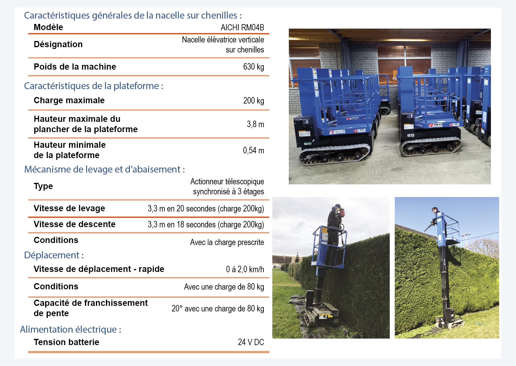 Informations sur la nacelle sur chenilles professionnelle Zentrax AICHI rm04b