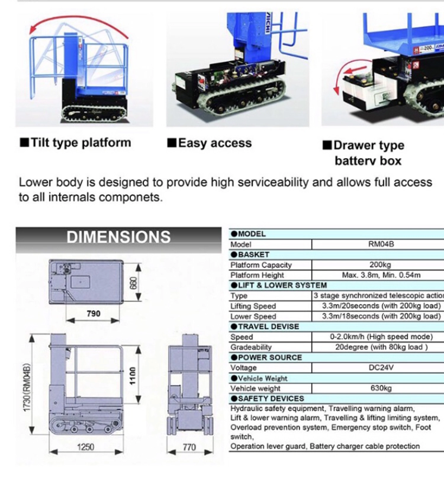 Informations sur la nacelle sur chenilles professionnelle Zentrax AICHI rm04b